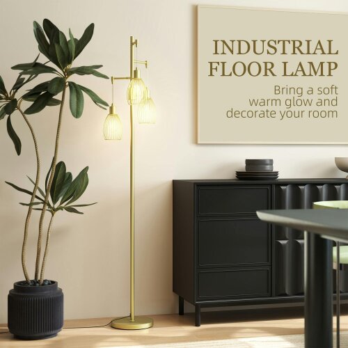 Wyld Haus Rodi Metal Gold Tone Industrial 3 Light Floor Lamp With Wire Cage Shades