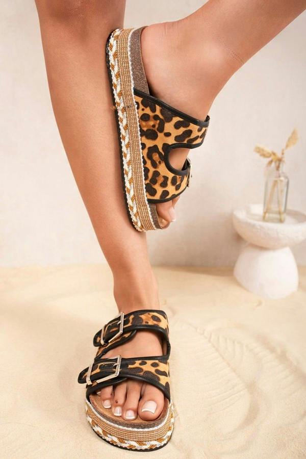 Nora Double Buckle Platform Espadrille Sliders - Leopard
