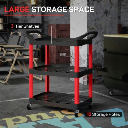 Bobobiy 3-Tier Rolling Tool Cart, Plastic Mobile Service Utility Cart with Handles for Garage, Mechanics and Warehouse, 91kg Capacity, Black and Red