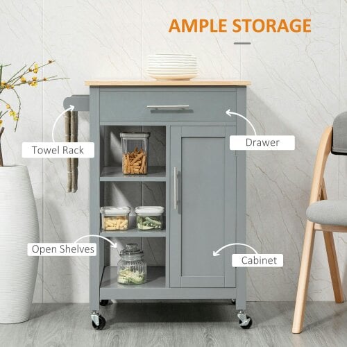 Wyld Haus Sovasa Wooden Grey Compact Kitchen Trolley With OFauxn Shelves And Drawer Storage