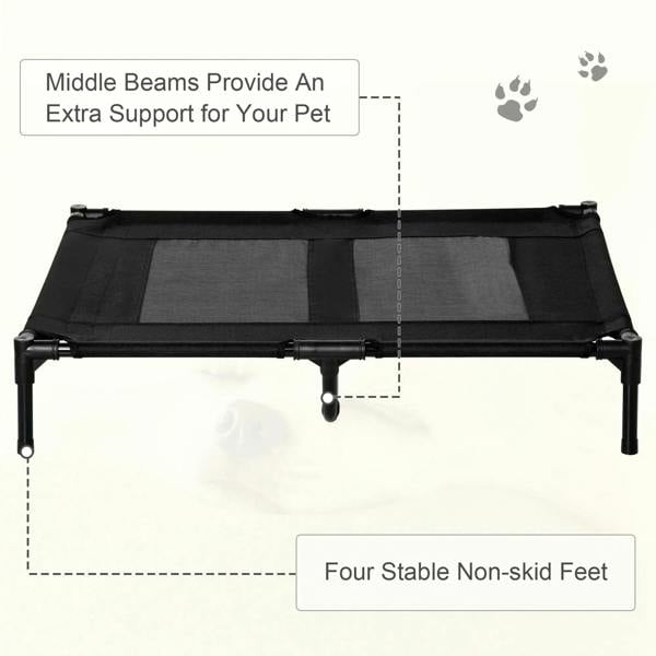 Black raised pet cot with reinforced middle supports and non-skid leg bases