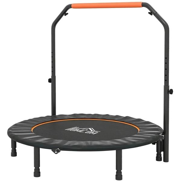 Foldable mini fitness trampoline with orange foam handle and round black jumping mat
