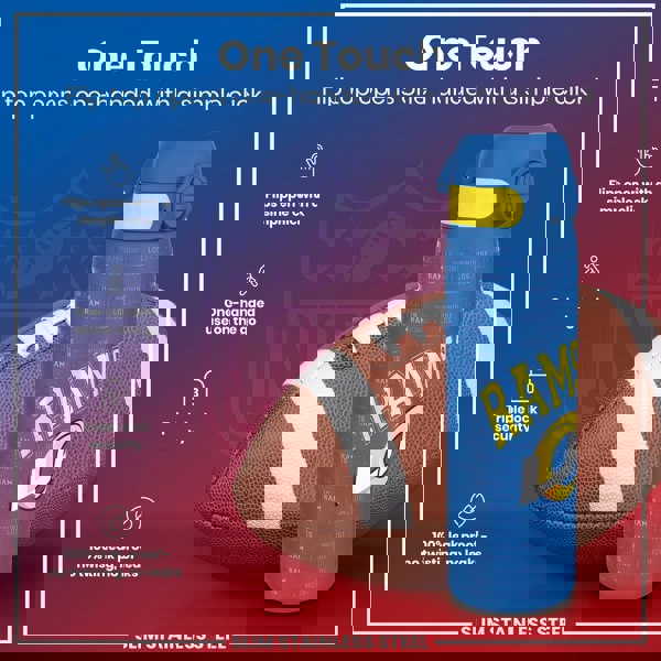 A blue, Los Angeles Rams-themed water bottle with a flip top sits beside a football. The bottle's top opens one-handed; it's leak-proof and features triple-lock security. The setting is a promotional graphic.