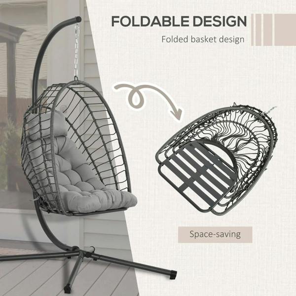 Hanging egg swing chair with folded basket style and light grey padded cushion
