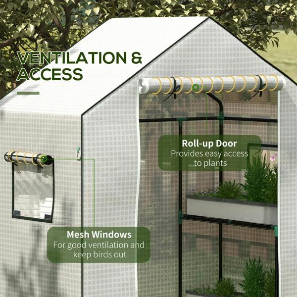 White PE greenhouse cover with roll-up door and mesh windows for ventilation