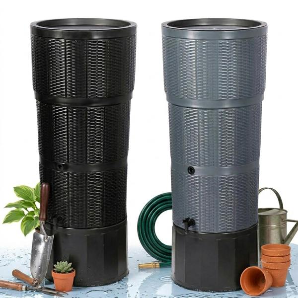 150L Extra Large Premium Rattan Wicker Effect Water Butt With Stand, Tap, Rain Diverter & Lid Decorative Outdoor Water Storage Tank
