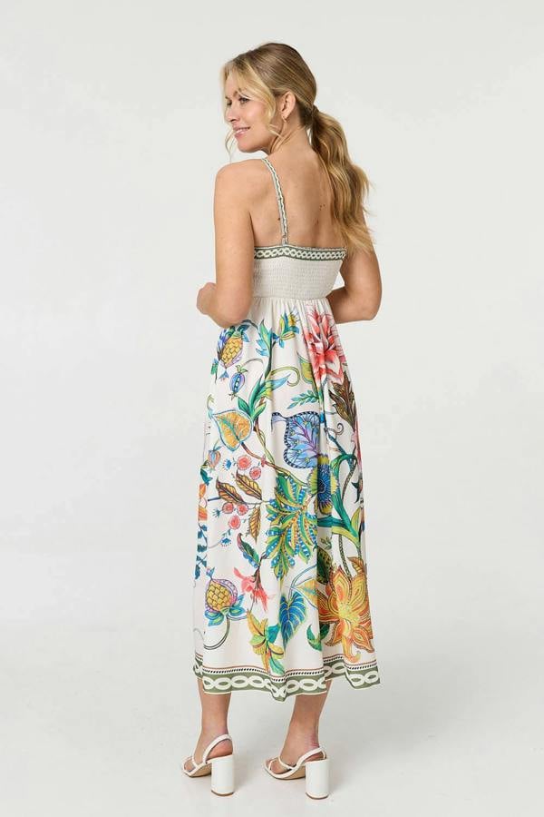 White | Tropical Print Cami Strap Maxi Dress