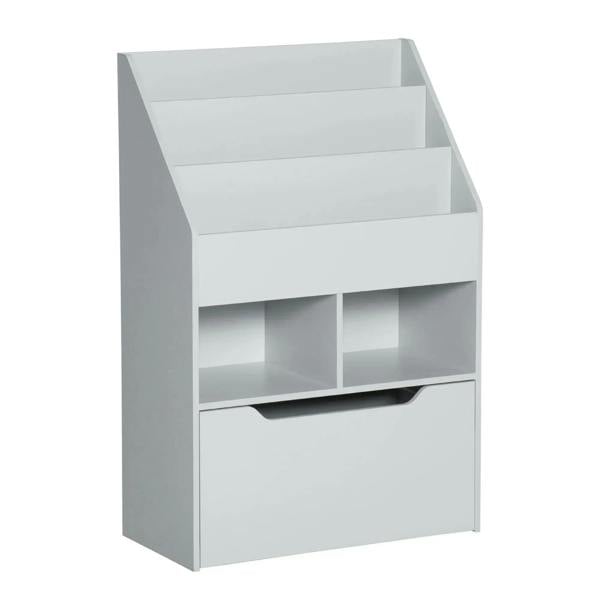 Kids bookshelf toy organizer in grey with open shelves and front storage drawer