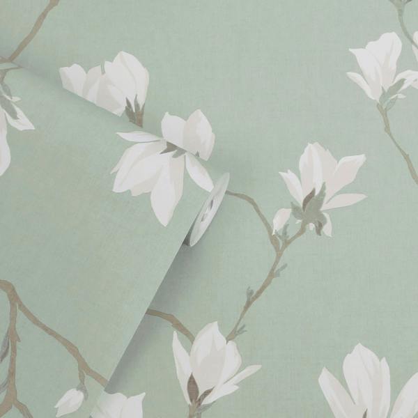 Laura Ashley Magnolia Grove Wallpaper - Pale Eau De Nil - 10m