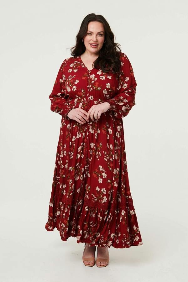 Izabel London Curve Floral Shirred V-Neck Maxi Dress