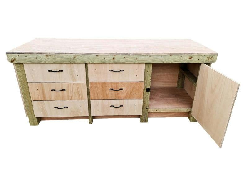 Arbor Garden Solutions Wooden Eucalyptus hardwood top workbench, cabinet with lockable cupboard (V.3)