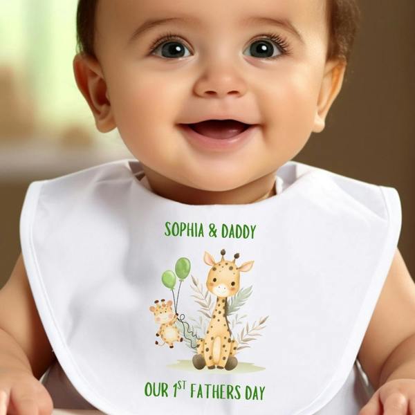Personalised Our 1st Fathers Day Giraffe Baby Outfit: Bib, Vest, Baby Grow