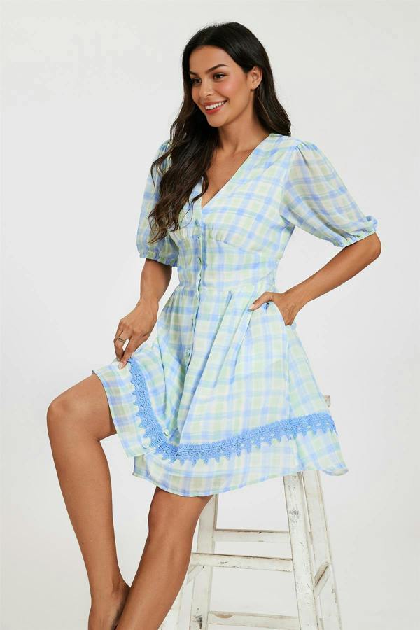 FS Collection Gingham Lace Detail Mini Dress In Green