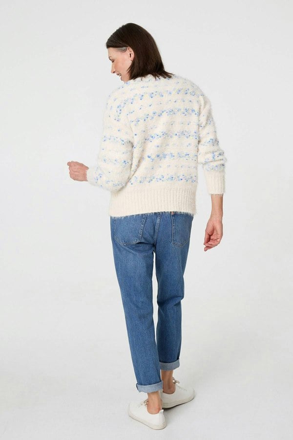 Blue | Printed Textured Knit Cardigan
