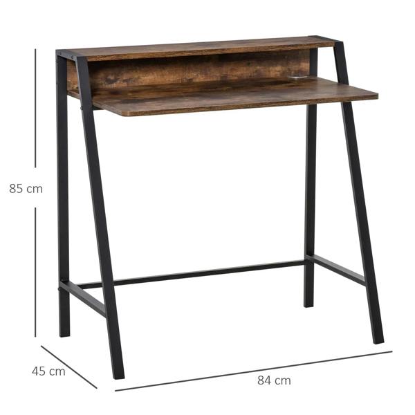 Two-tier writing desk with rustic brown top and open shelf, black steel legs