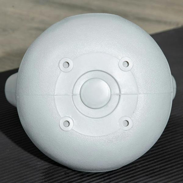 Light grey 12 kg kettlebell underside with circular plate and mounting holes