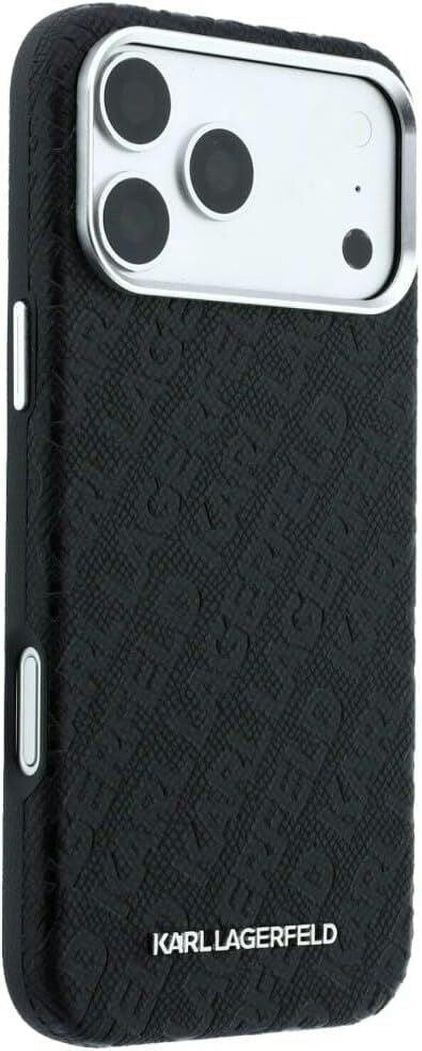Karl Lagerfeld Grained Allover Logo Metal Elongated Case with MagSafe for iPhone 17/18 Pro 6.3" Black - KLHMP18LPSKLFOFK