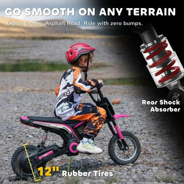 Pink and black mini dirt-style electric motorbike with rear shock absorber and knobby tires