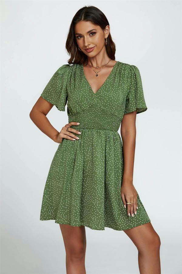 FS Collection Dot Print Short Sleeve Mini Dress In Green