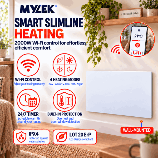 MYLEK Panel Space Heater White 2KW Eco, Smart and WiFi App Slimline Low Energy - Wall Mounted, Bathroom IPX4