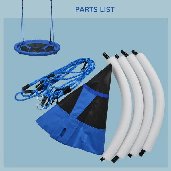 Blue hanging swing seat with rope set, connectors, and white spreader tubes