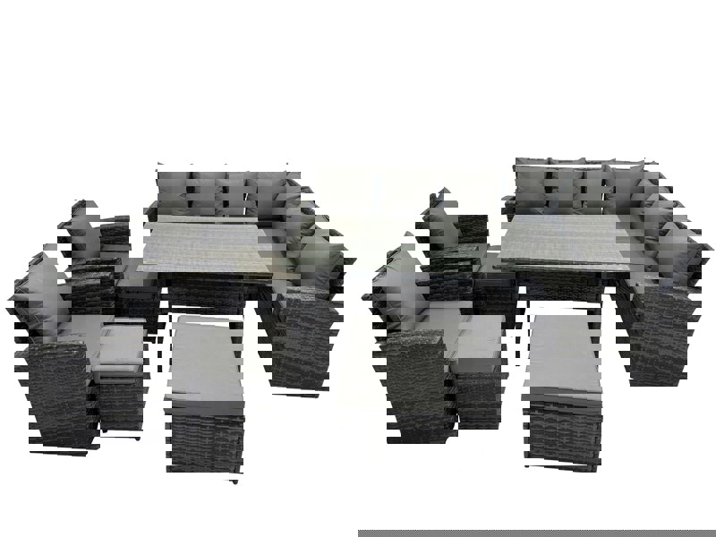 Fimous Rattan Garden Furniture Set Outdoor 11 Seater Patio Dining Corner Sofa Sets with Dining Table Chair Dark Grey Mixed