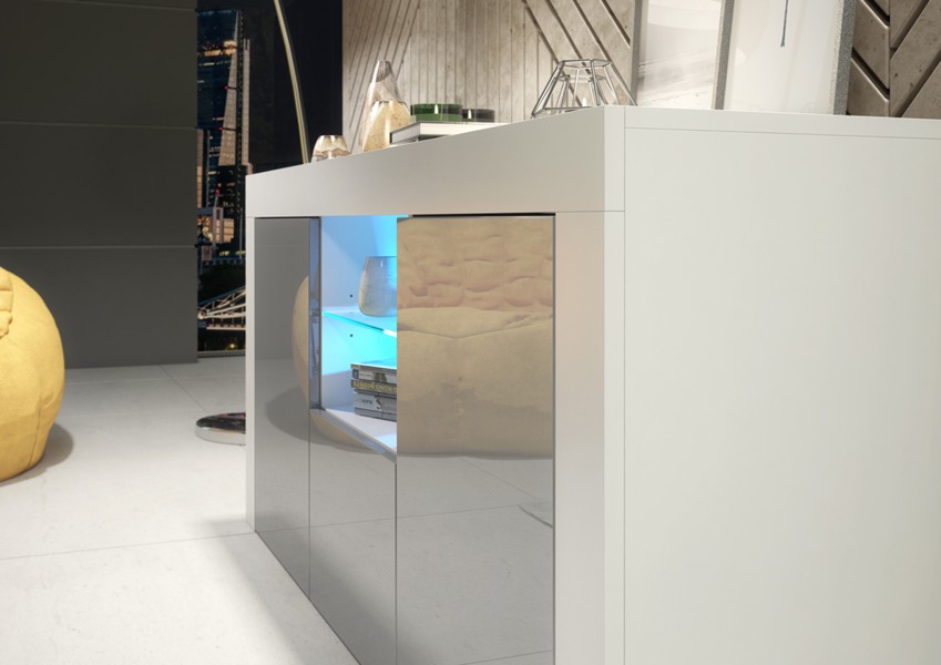 Mex Furniture Modern 145cm TV Unit, Cabinet Stand & with Grey Gloss Doors & Free LED