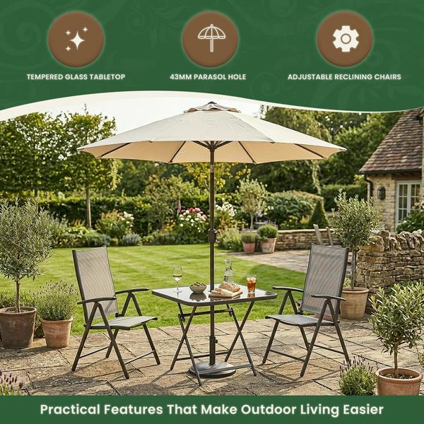 The Garden Marketplace Garden Dining Set – 2 Seater Folding Table & Reclining Chairs with Parasol Hole, Tempered Glass Top, Brown Textoline