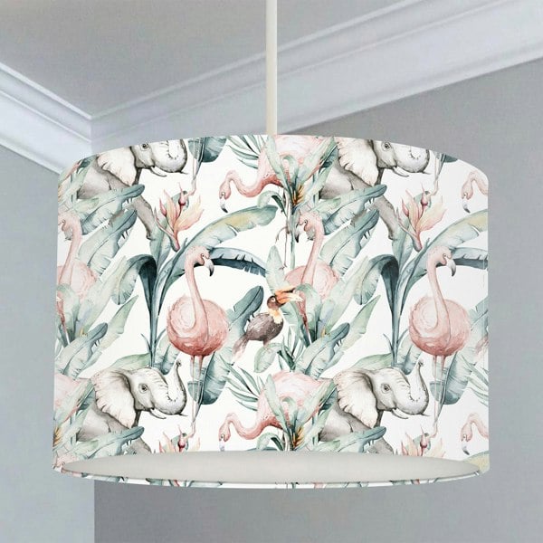 Children's bedroom and nursery lampshade, tropical animals, elephants, flamingos, and great hornbills,  large green leaves. 