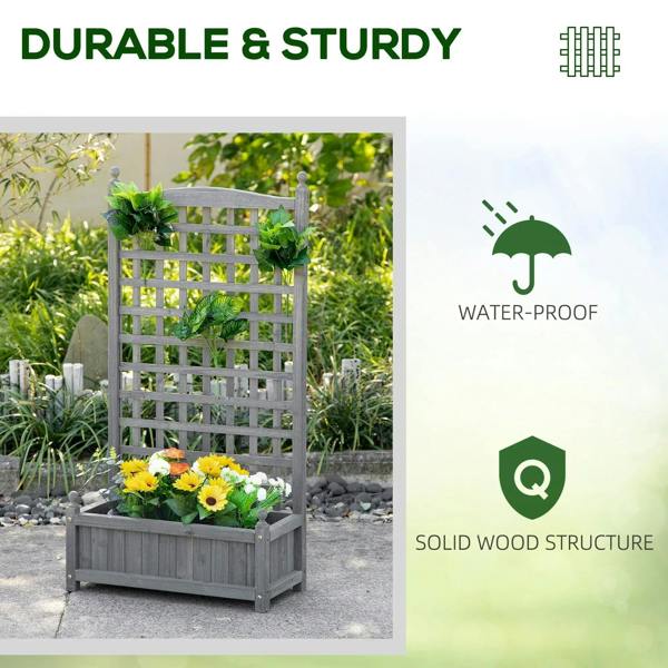 Grey wooden planter with trellis, water-resistant and solid wood structure icons