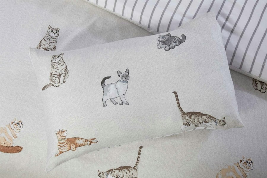 HomeSpace Direct Purrrfect Reversible Duvet Cover Set Cats and Stripes Bedding Natural