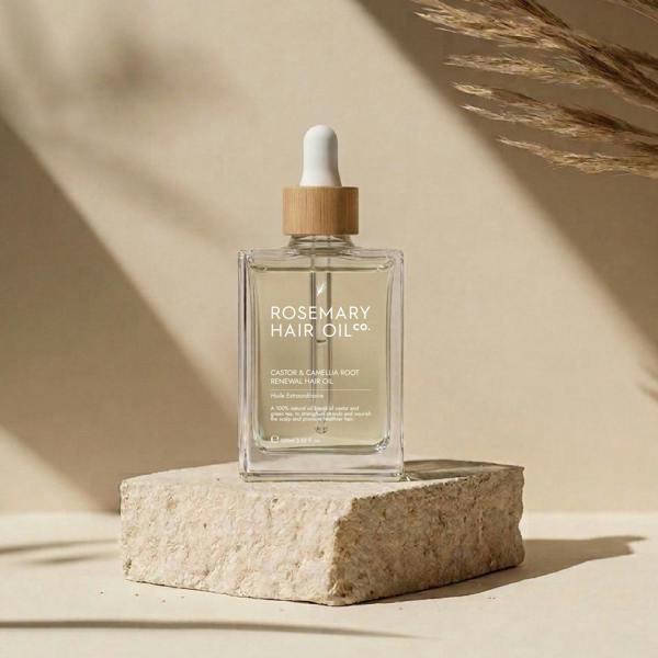 Rosemary Hair Oil Co. bottle on a stone platform with a neutral background. Rosemary hair oil, castor oil, camellia oil, apricot oil, hair growth, healthier, fuller-looking hair, stimulate, regrowth, hair thinning, natural, 100ml