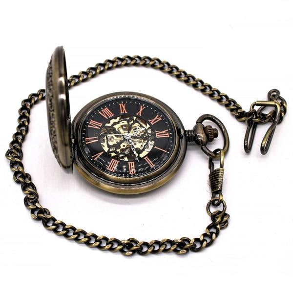 Infinity Leather Vintage Bronze Wooden Skeleton Half Hunter Alloy Pocket Watch
