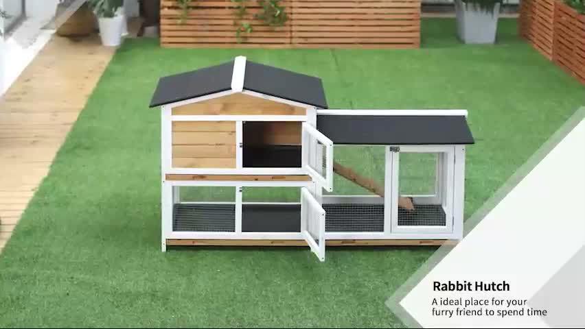 PawHut 2-Tier Wooden Rabbit Hutch Guinea Pig House Pet Cage Outdoor w/ Tray Ramp