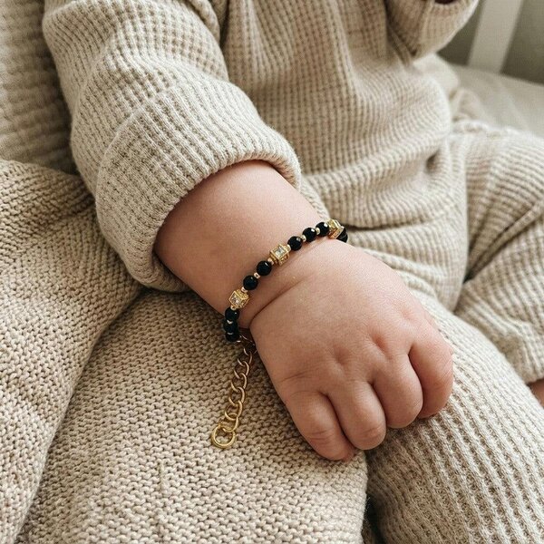 The Colourful Aura Gold Plated Black Faceted Bead Zircon Cube Charm Kids Nazaria Bracelet