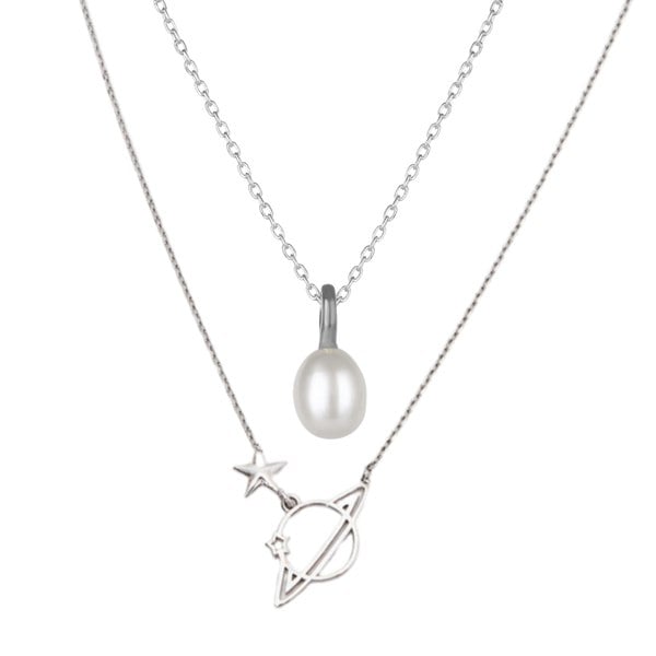 Spero London Treasures Baroque Seed Pearl and Saturn Pendant Sterling Silver Necklace Set