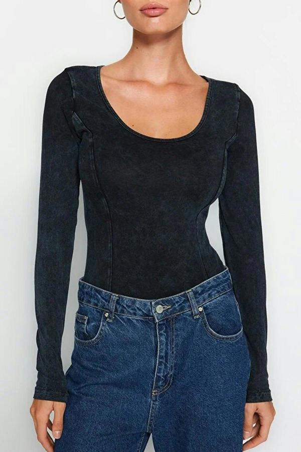 WOVCOR Cotton Long Sleeve Knitted Bodysuit with Faded Effect