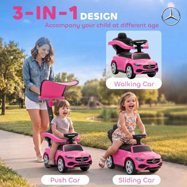 4 in 1 Licensed Benz Ride on Push Car with Handle, Canopy, Guardrails, Horn, Music, Storage for 12-36 Months, Pink