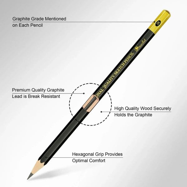 Drawlish Sketch Pencils For Drawing Set of 8 - 2B 12B 10B 5B 3B HB H 6H Arts Pencils