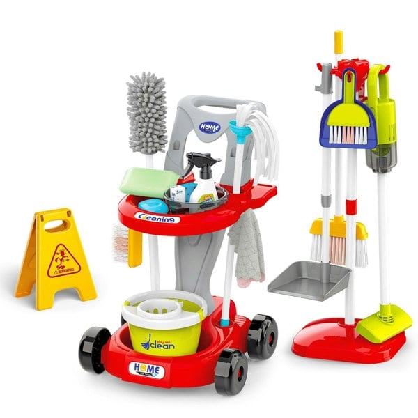 deAO Toys Kids Cleaning Trolley Play Set Cleaning Kit Role Play Housekeeping Set with Broom, Mop, and More, Perfect Educational Gift