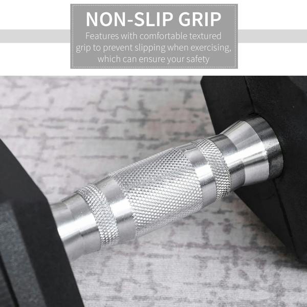 Knurled silver grip on black hex rubber dumbbell handle