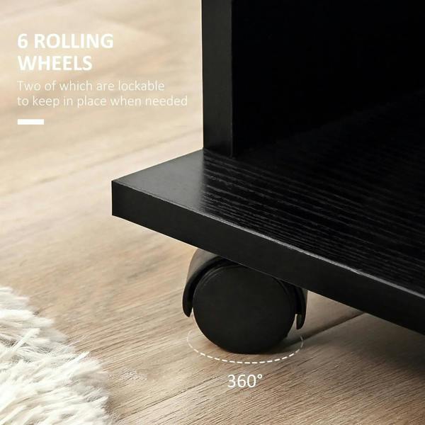 Black rolling wheel base with open cabinet frame and front shelf platform