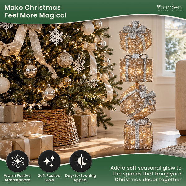 Vertical Light Up Christmas Natural Sisal Parcels with Silver Bows, Set of 4 on Metal Rod with 35 White LED Lights, Battery Powered, 86cm Tall
