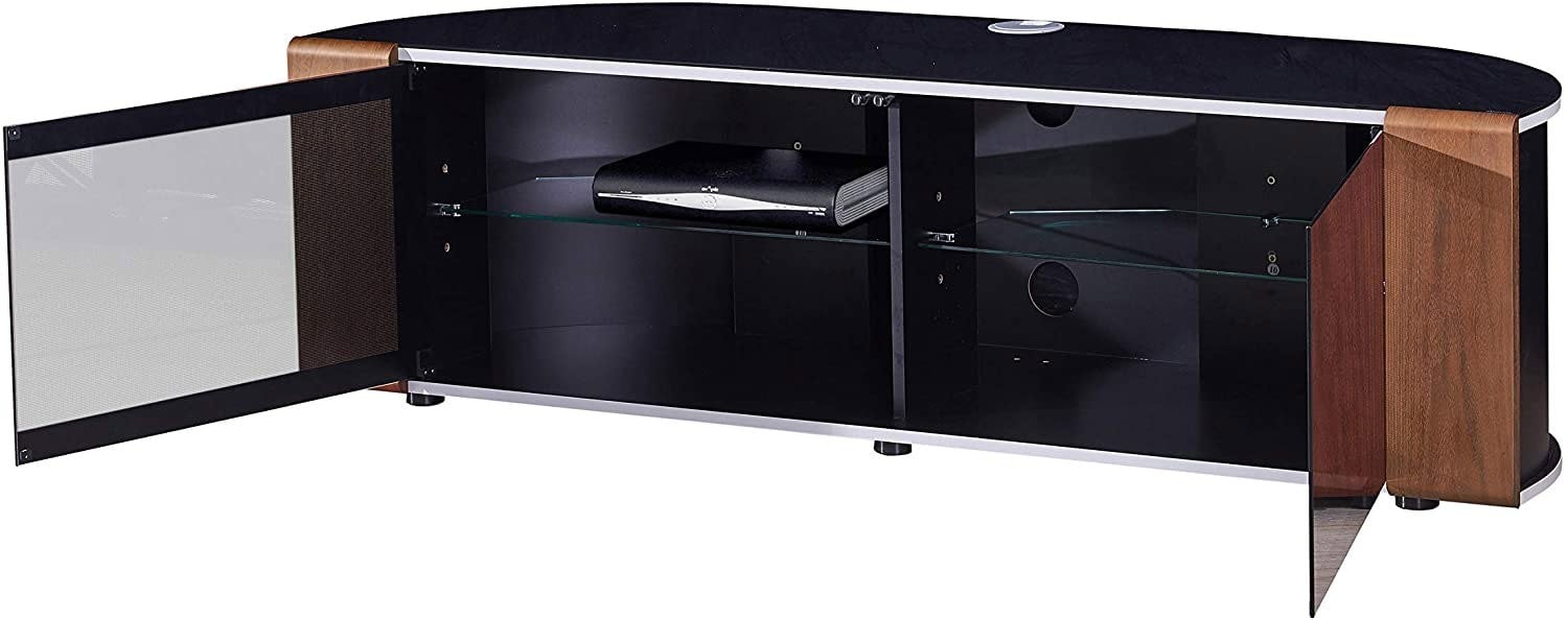 MDA Designs Sirius 1600 TV Cabinet Gloss Black Stand with BEAMTHRU Remote-Friendly Glass Door, Walnut/Oak Trims for TVs up to 70” TV