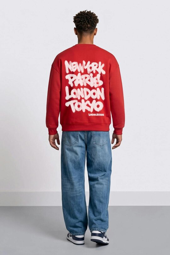 London Attitude Oversized Heavyweight City Graffiti Sweatshirt - Fiery Red