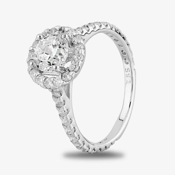 Starbright Silver Round Cubic Zirconia Halo Shouldered Ring R3578 3A