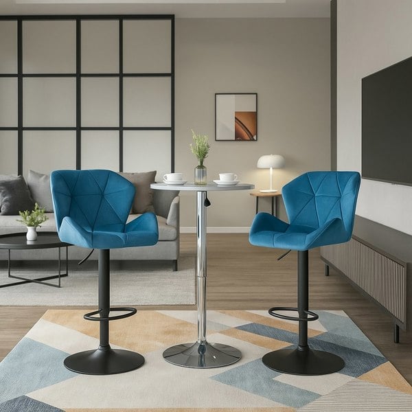 Modcraft Set of 2 Blue Velvet Bar Stools Adjustable Swivel Breakfast Chairs with Footrest & Metal Base