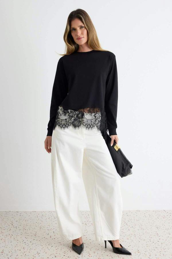 Lace Detail Regular Fit Drop Shoulder Long Sleeve Sweatshirt