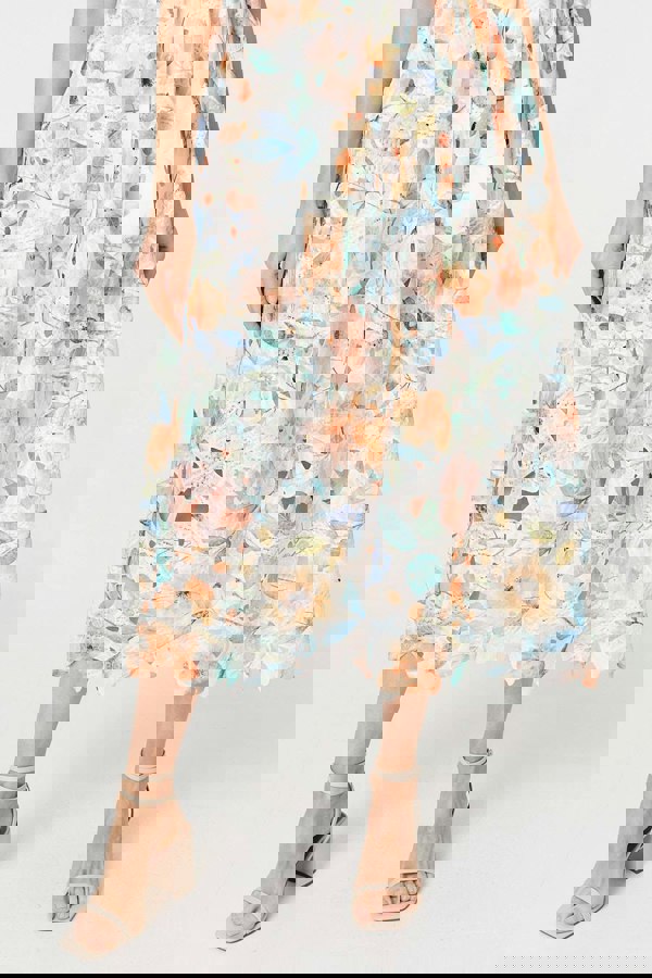 Orange | Floral Cut Out Tie Waist Midi Shirt Dress
