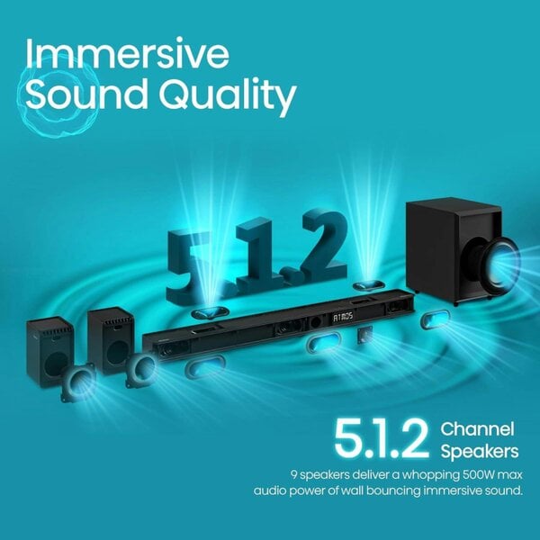 Dyzi AX5125H 5.1.2 Channel 500W Dolby Atmos Soundbar Subwoofer Black